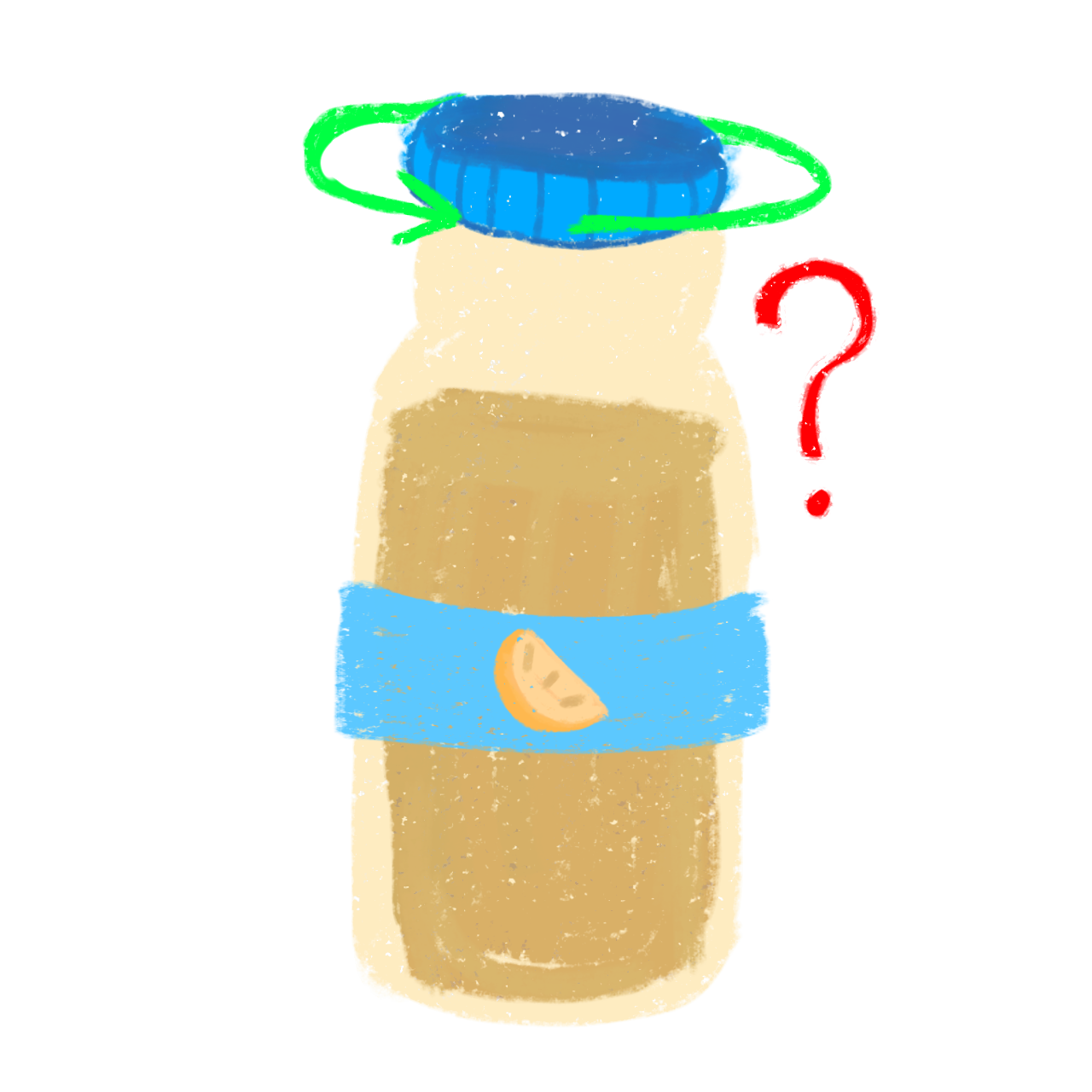 This image shows an orange, orange juice bottle with a blue lid. A green circle is drawn around the lid, and a red question mark floats above the bottle. There is a blue label with a picture of an orange slice on it.